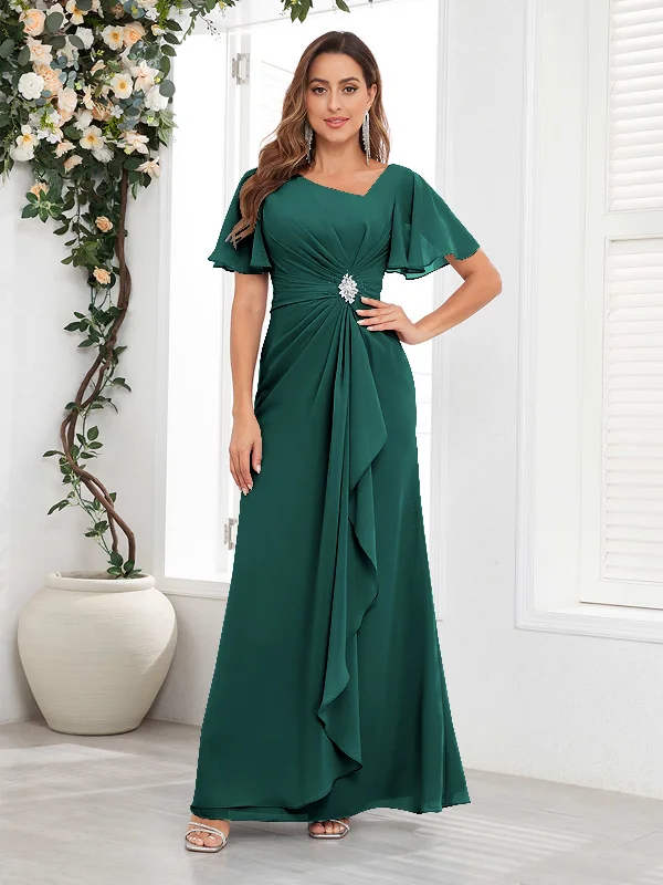 Wrenley Graceful A-Line V Neck Ruffles Beaded Long Chiffon Mother Of The Bride Dresses