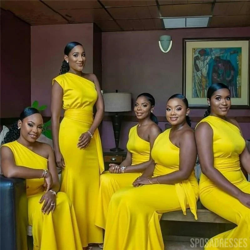 Yellow Mermaid One Shoulder Cheap Long Bridesmaid Dresses Online, WG844