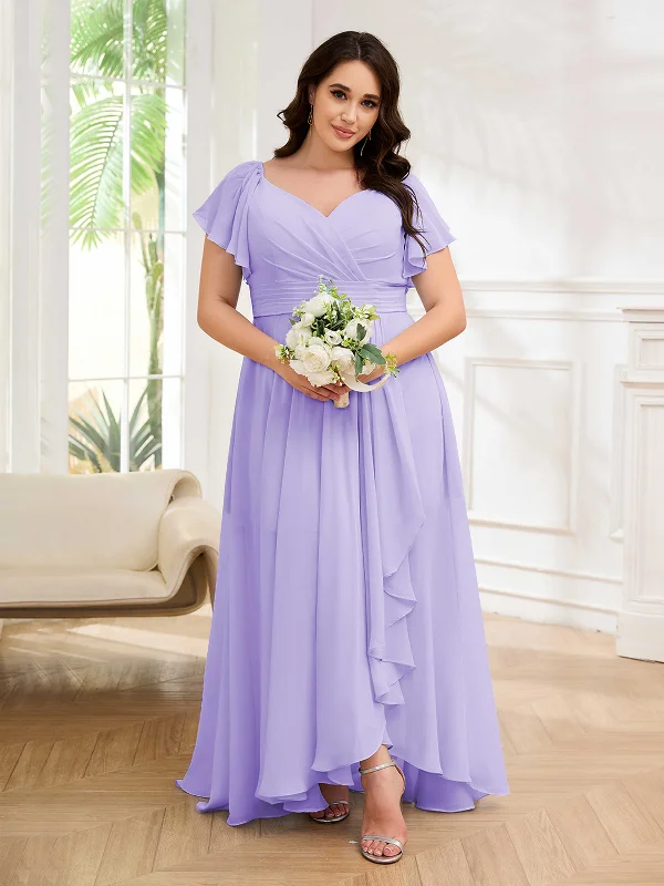 Zariah Trendy V Neck Ruffles High Low Chiffon Plus Size Bridesmaid Dresses