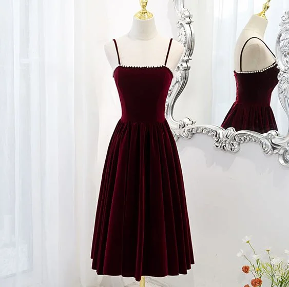 Lovely Wine Red Velvet Short Simple Wedding Party Dress, Dark Red Homecoming Dresses    S2884