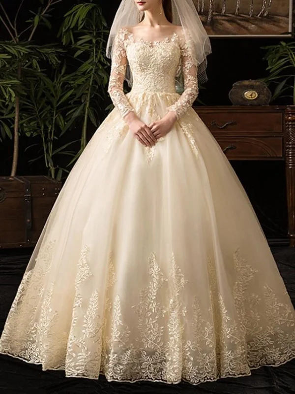 A-Line Wedding Dresses Scoop Neck Floor Length Lace Long Sleeve Glamorous See-Through Illusion Sleeve