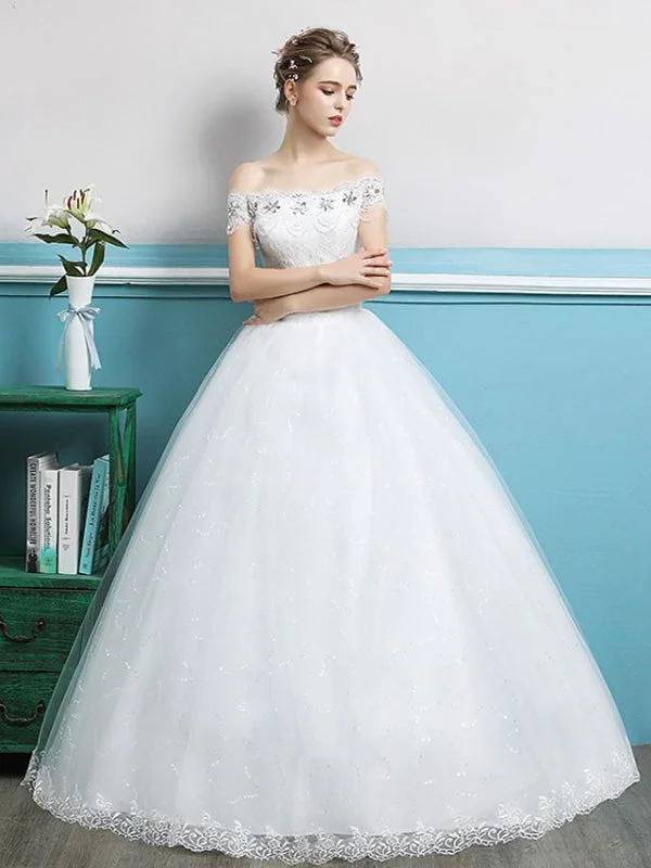 Ball Gown Wedding Dresses Off Shoulder Floor Length Lace Tulle Polyester Sleeveless Romantic