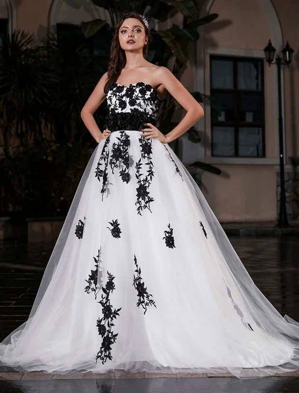 Black A-Line Wedding Dress Strapless Black Applique Sash Tulle Satin Fabric Wedding Gown Exclusive