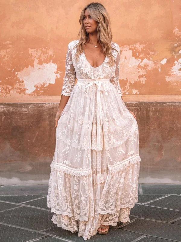 Boho Wedding Dress Suit 2021 V Neck Floor Length Lace Multilayer Bridal Gown Dress And Outfit