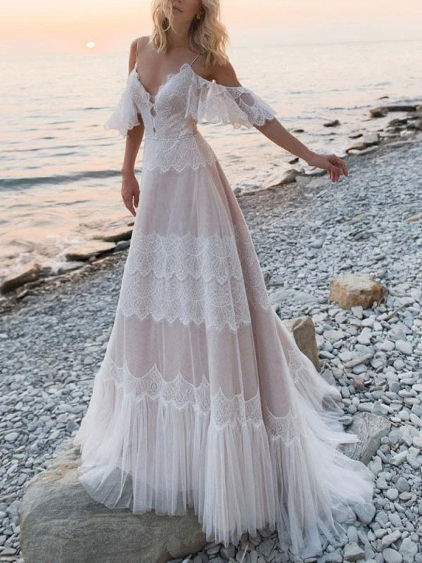 Boho Wedding Dresses | A Line Deep V Neck Straps Lace Short Sleeve Bridal Gown For Beach Wedding With Sweep Train