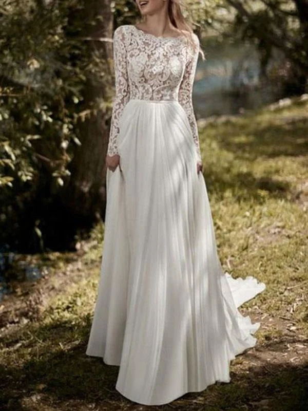 Boho Wedding Dresses 2021 Jewel Neck Long Sleeve A Line Floor Length Chffion Bridal Dress For Beach Wedding