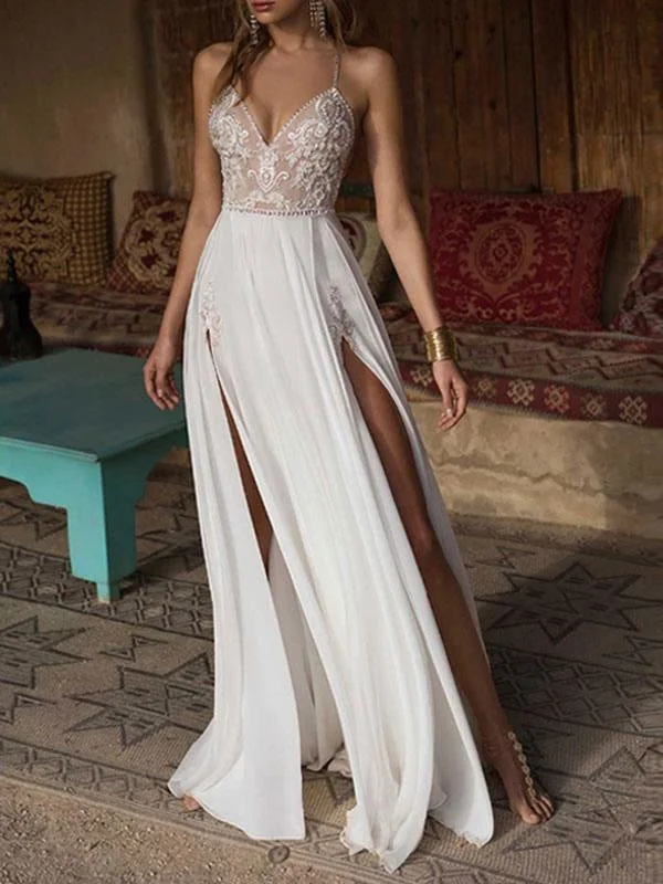 Boho Wedding Dresses 2021 Lace V Neck Sleeveless Beaded Backless Double Splits Chiffon Beach Bridal Gowns