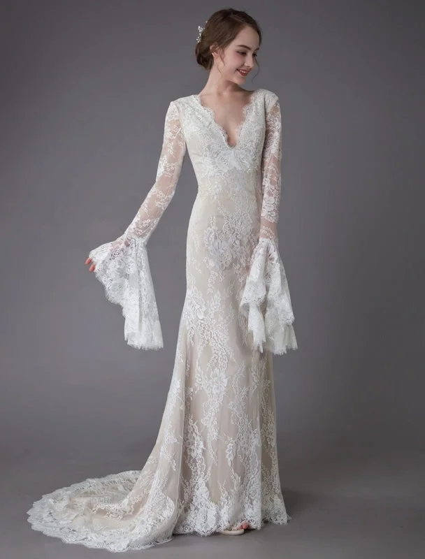 Champagne Wedding Dresses Lace V Neck Long Sleeve Sheath Boho Bridal Dress With Train Exclusive