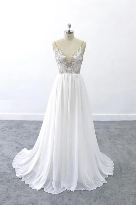 Graceful V-neck Lace Chiffon A-line Wedding Dress