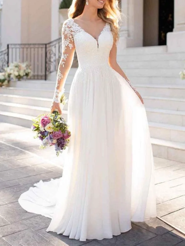 Lace Wedding Dresses 2021 Chiffon V Neck A Line Long Sleeve Lace Applique Beach Wedding Bridal Dress With Train Free Customization