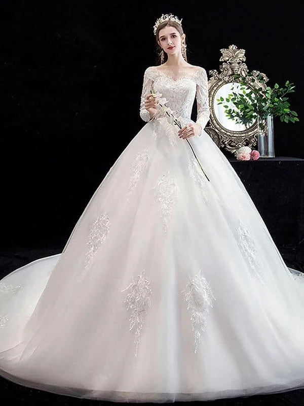 New White Wedding Dress Ball Gown Cathedral Train Jewel Neck 3/4 Length Sleeves Natural Waist Applique Satin Fabric Bridal Dresses