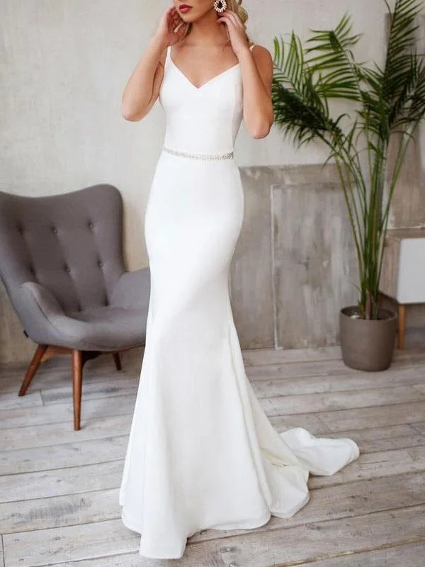 Sexy Wedding Dress Lycra Spandex V Neck Sleeveless Strap Sash Mermaid Bridal Dresses With Train