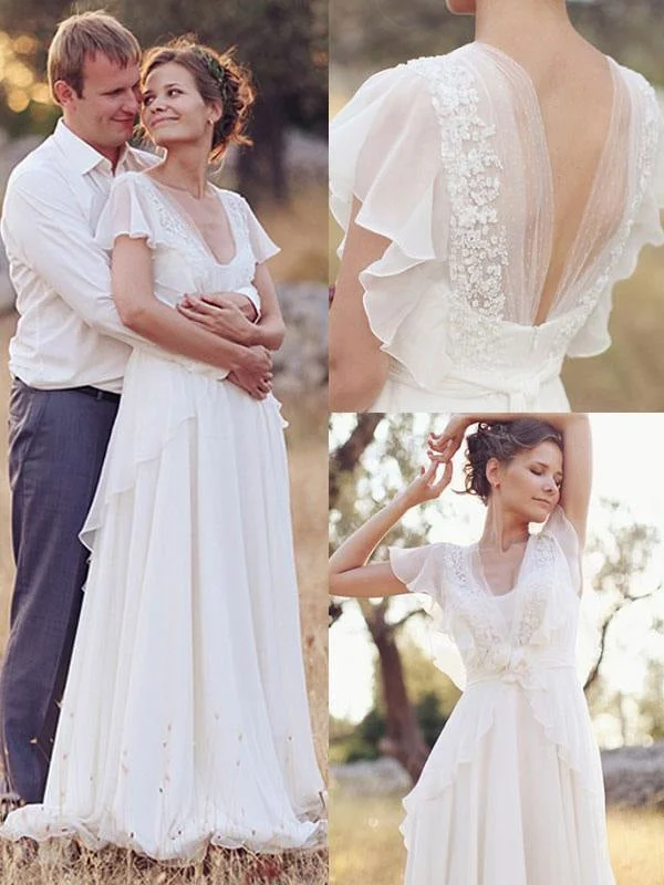 Simple Wedding Dress A Line Designed Neckline Sleeveless Applique Chiffon Bridal Gowns