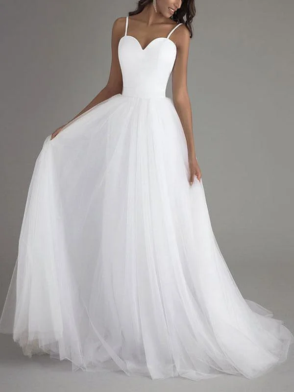 Simple Wedding Dress Tulle Sweetheart Neck Sleeveless Sash A Line Bridal Dresses