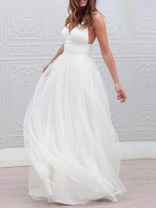 Simple Wedding Dresses 2021 A Line V Neck Straps Backless Tulle Beach Wedding Bridal Dress