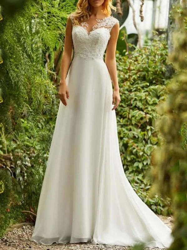 Simple Wedding Dresses 2021 Chiffon A Line V Neck Sleeveless Lace Beaded Bridal Gowns With Train