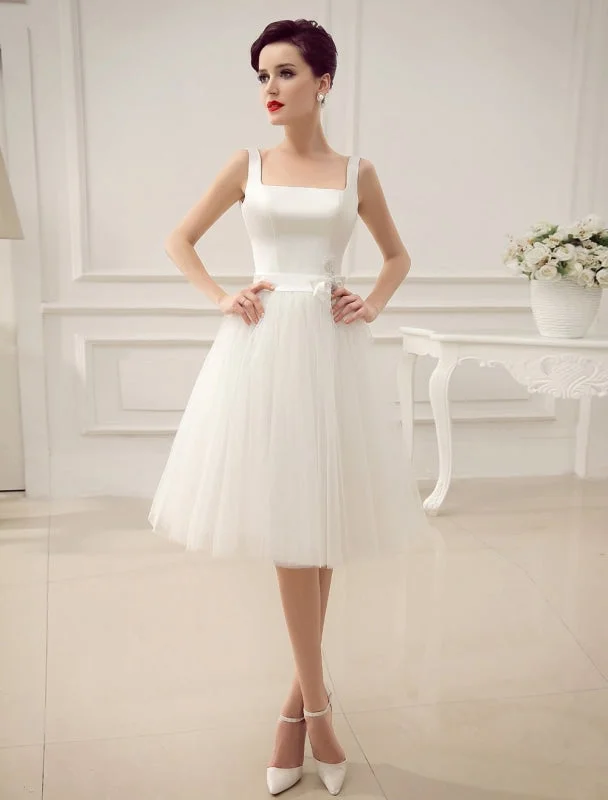 Simple Wedding Dresses Satin Square Neck Applique Short Bridal Dress With Beading Bow Sash Exclusive