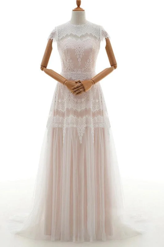 Sleek Cap Sleeve Lace Tulle A-line Wedding Dress