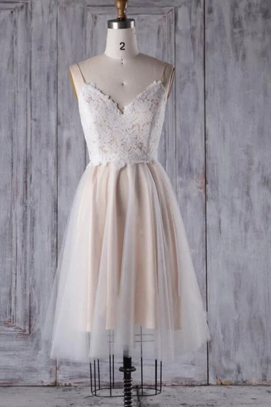 Spaghetti Strap Lace Tulle Short Wedding Dress