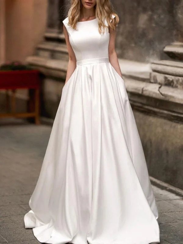 Vintage Wedding Dress 2021 A Line Bateau Neck Sleeveless Floor Length Satin Bridal Gown