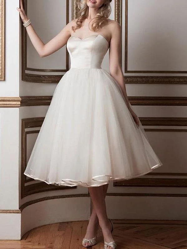 Vintage Wedding Dresses 2021 Sweetheart Neck Sleeveless A Line Tea Length Bridal Dresses