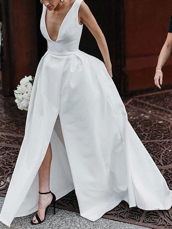 Vintage Wedding Dresses V Neck Sleeveless Natural Waist Satin Fabric Pleated Bridal Gowns With Train