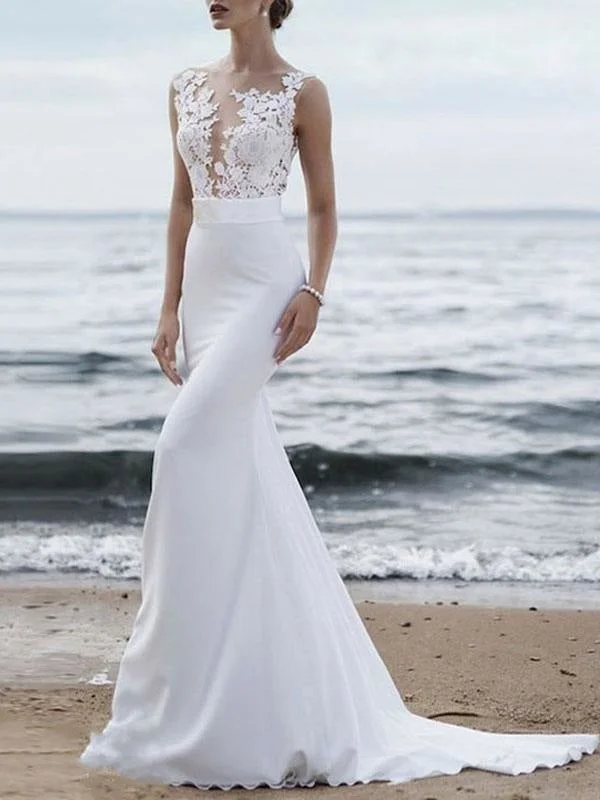 Wedding Dress 2021 Jewel Neck Sleeveless Mermaid Beach Wedding Bridal Gowns With Sweep Train