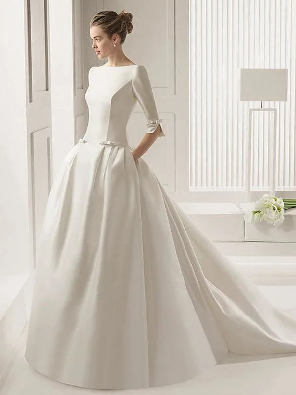 Wedding Dresses A-Line Chapel Bateau Neck Train 3/4 Length Sleeves Bows Satin Fabric White Bridal Dresses