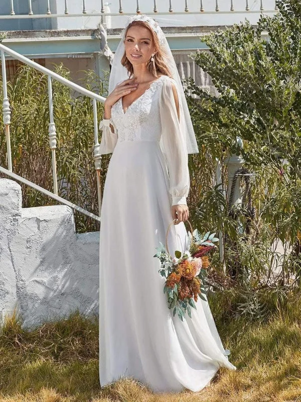 White Simple Wedding Dress A-Line V-Neck Long Sleeves Natural Waist Chiffon Long Bridal Dresses