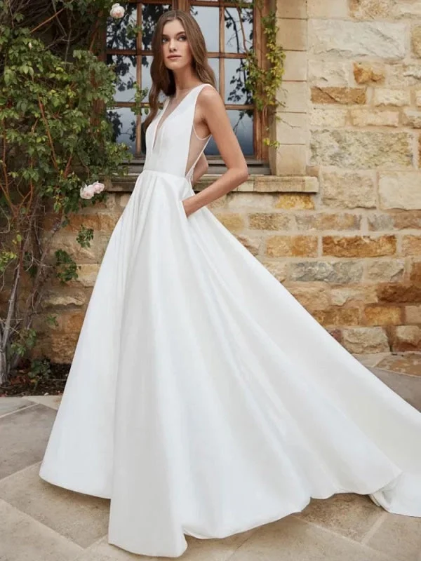 White Simple Wedding Dress A-Line With Train V-Neck Sleeveless Pockets Satin Fabric Bridal Gowns