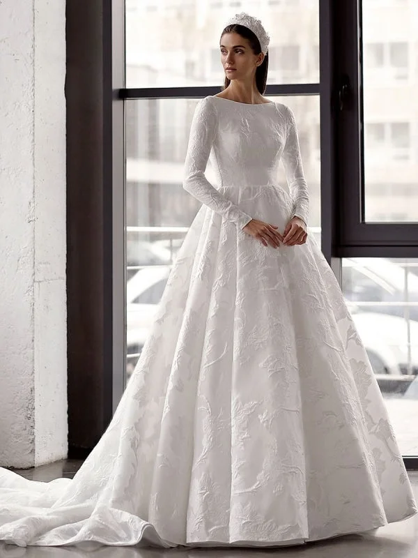 White Simple Wedding Dress With Train A-Line Jewel Neck Long Backless Sleeves Satin Fabric Bridal Gowns