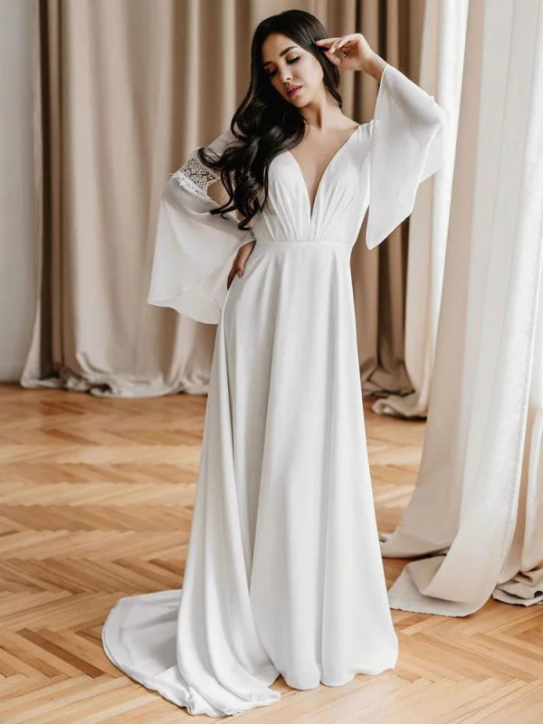 White Simple Wedding Dress With Train A-Line V-Neck Long Sleeves Backless Chains Natural Waist Bridal Gowns