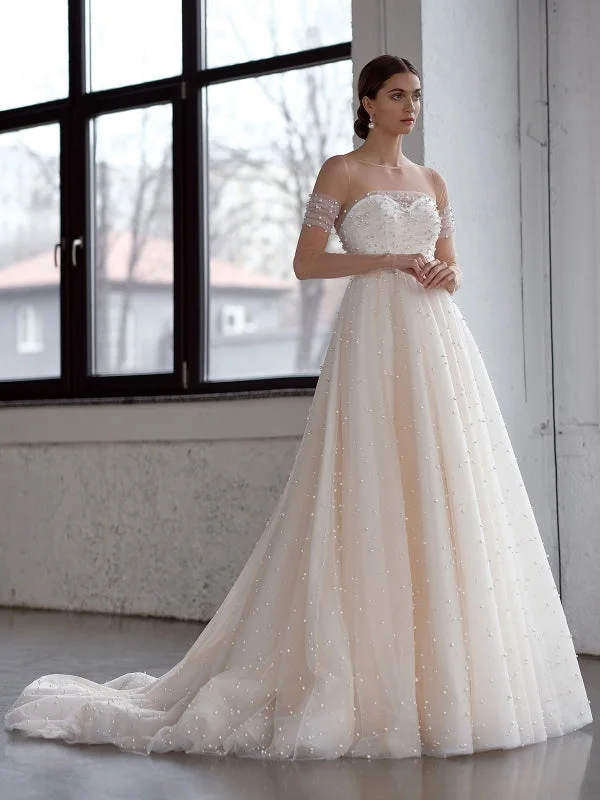 White Wedding Dress A-Line Bridal Gowns Beaded Tulle Wedding Dress